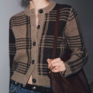ZARA | Plaid Button-Up Women's Sweater Jacket Brown